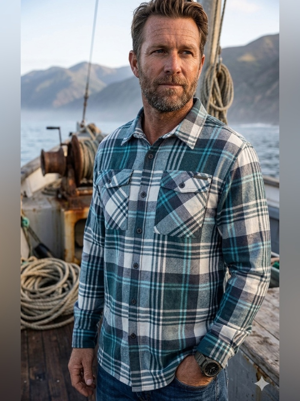 Salty Crew Men’s Teal and White Plaid Shirt Find Refuge in the Sea Sz Small